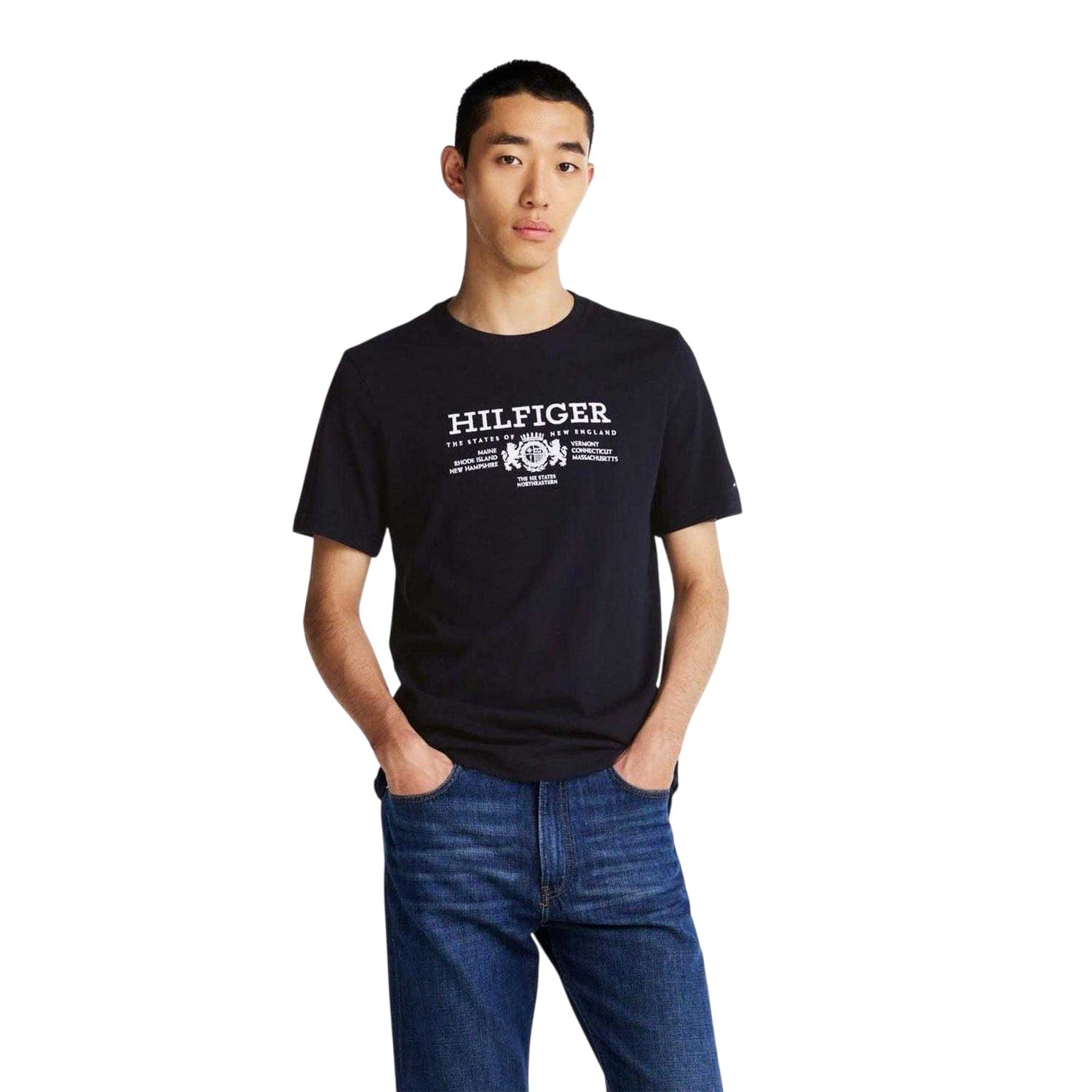 Blue - Side - Tommy Hilfiger Mens Embroidered Logo Cotton T-Shirt