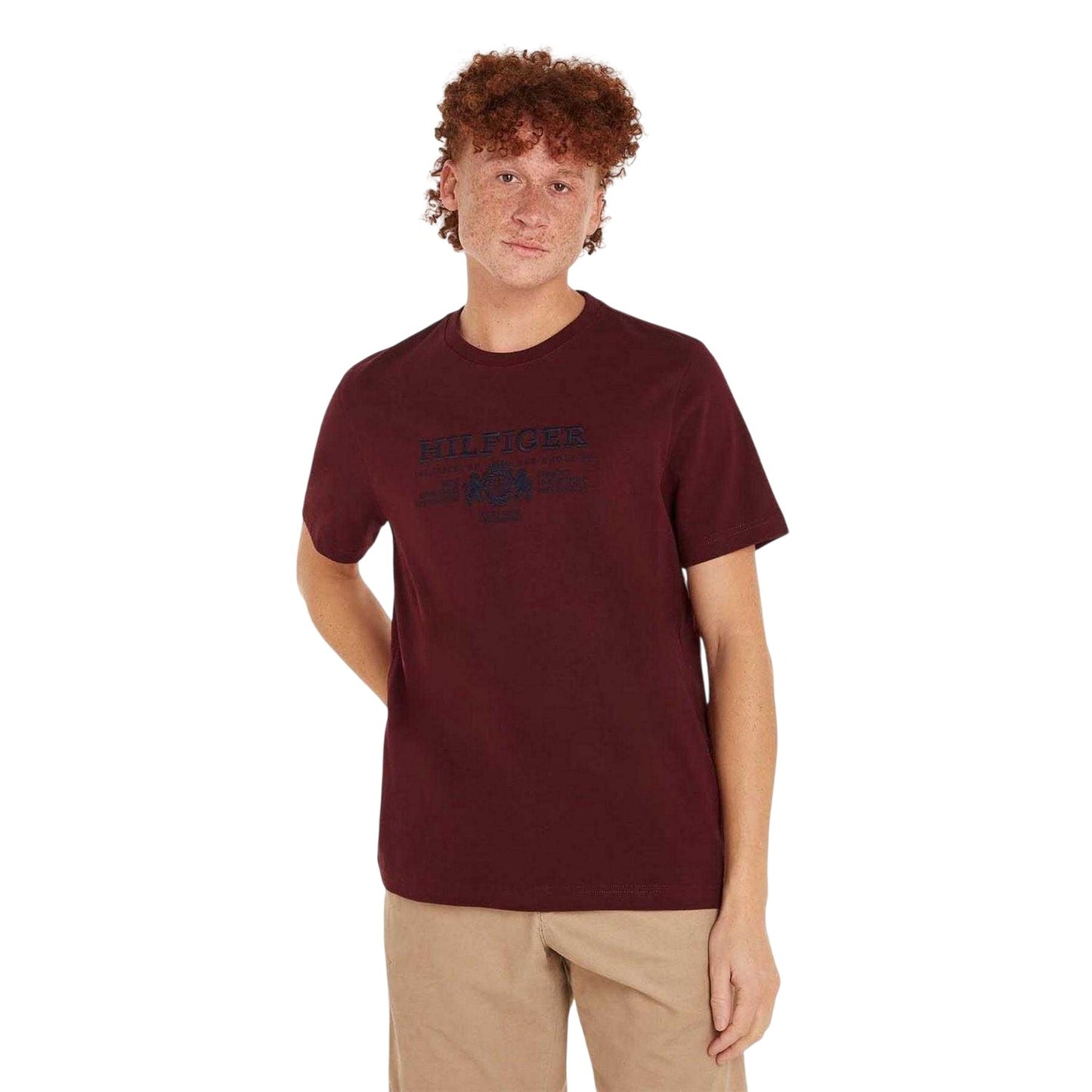 Maroon - Front - Tommy Hilfiger Mens Embroidered Logo Cotton T-Shirt