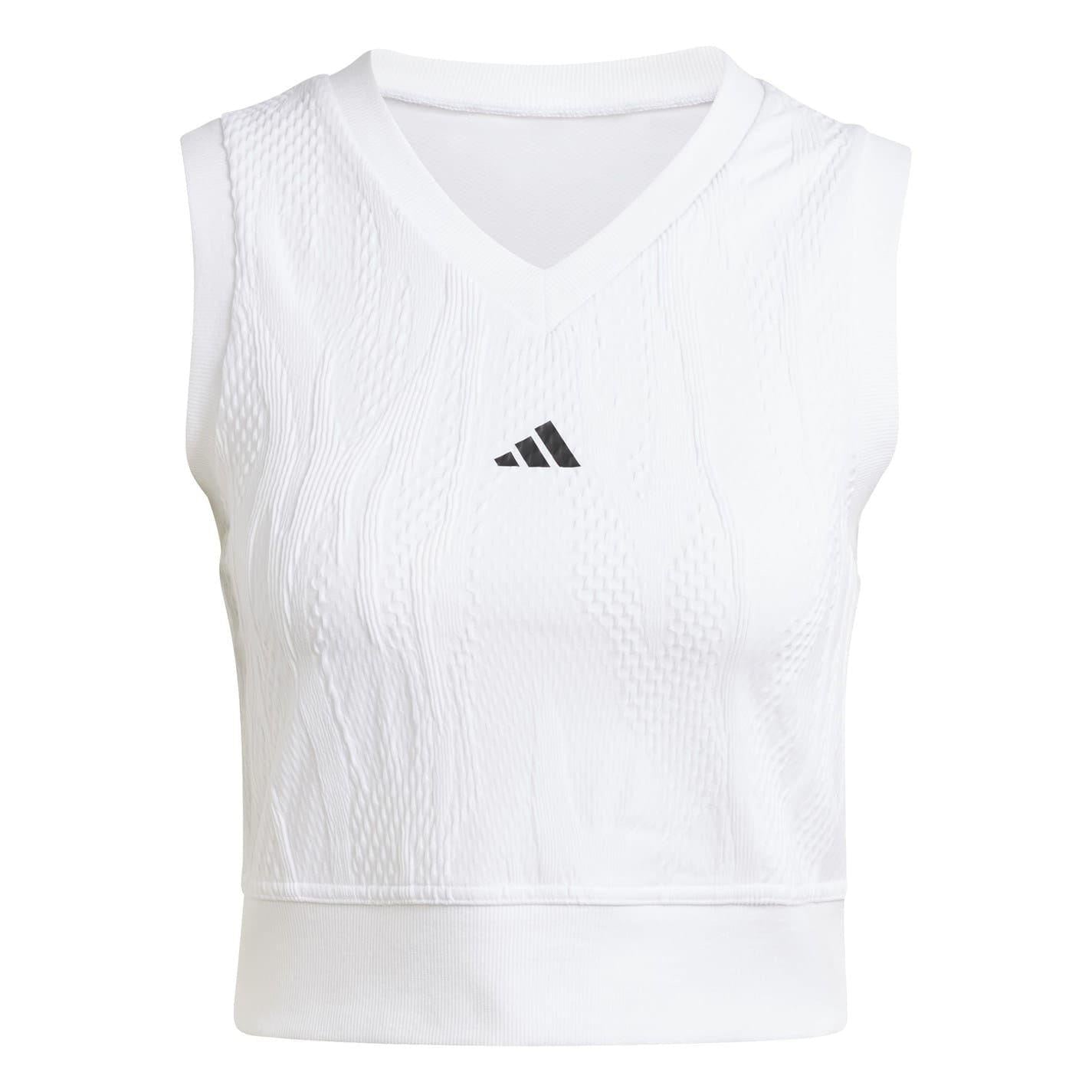White - Front - Adidas Womens-Ladies Cropped V Neck Slim Tank Top