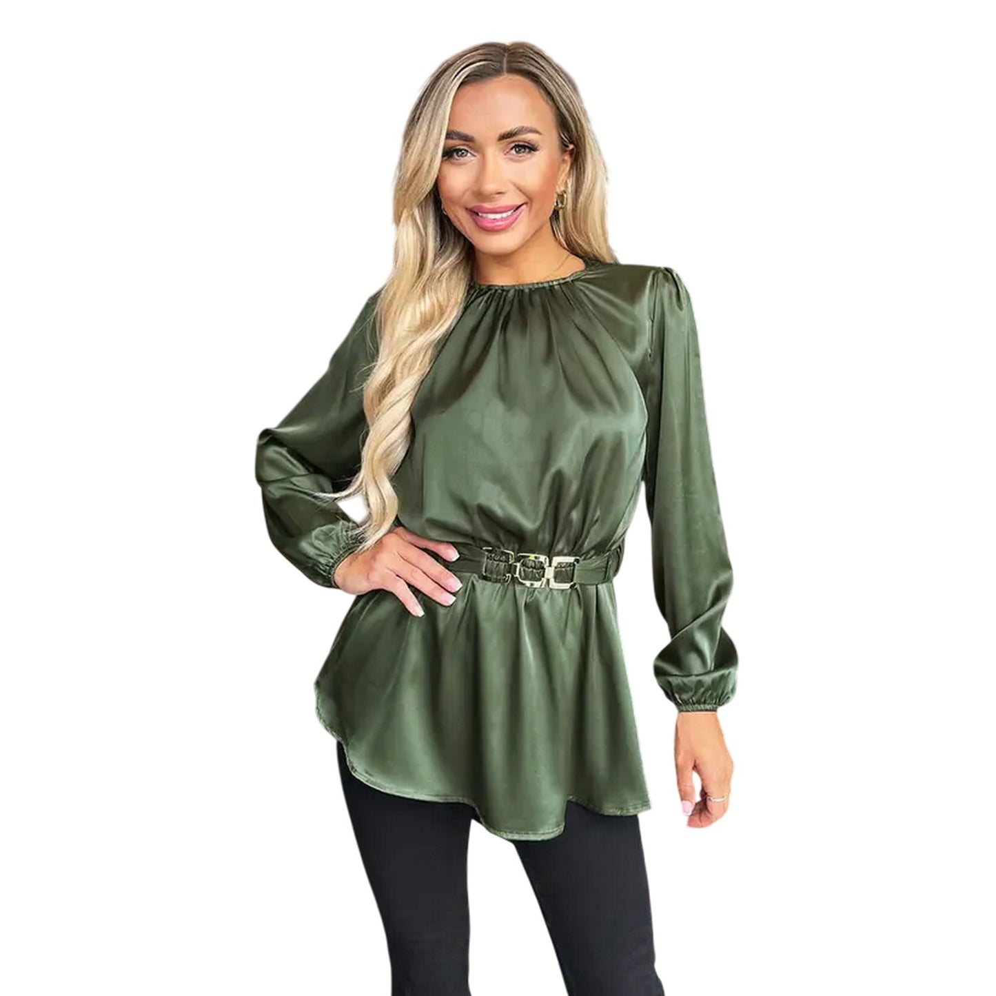 Olive - Front - AX Paris Womens-Ladies Gold Detail Belted Long-Sleeved Top