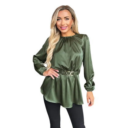Olive - Front - AX Paris Womens-Ladies Gold Detail Belted Long-Sleeved Top