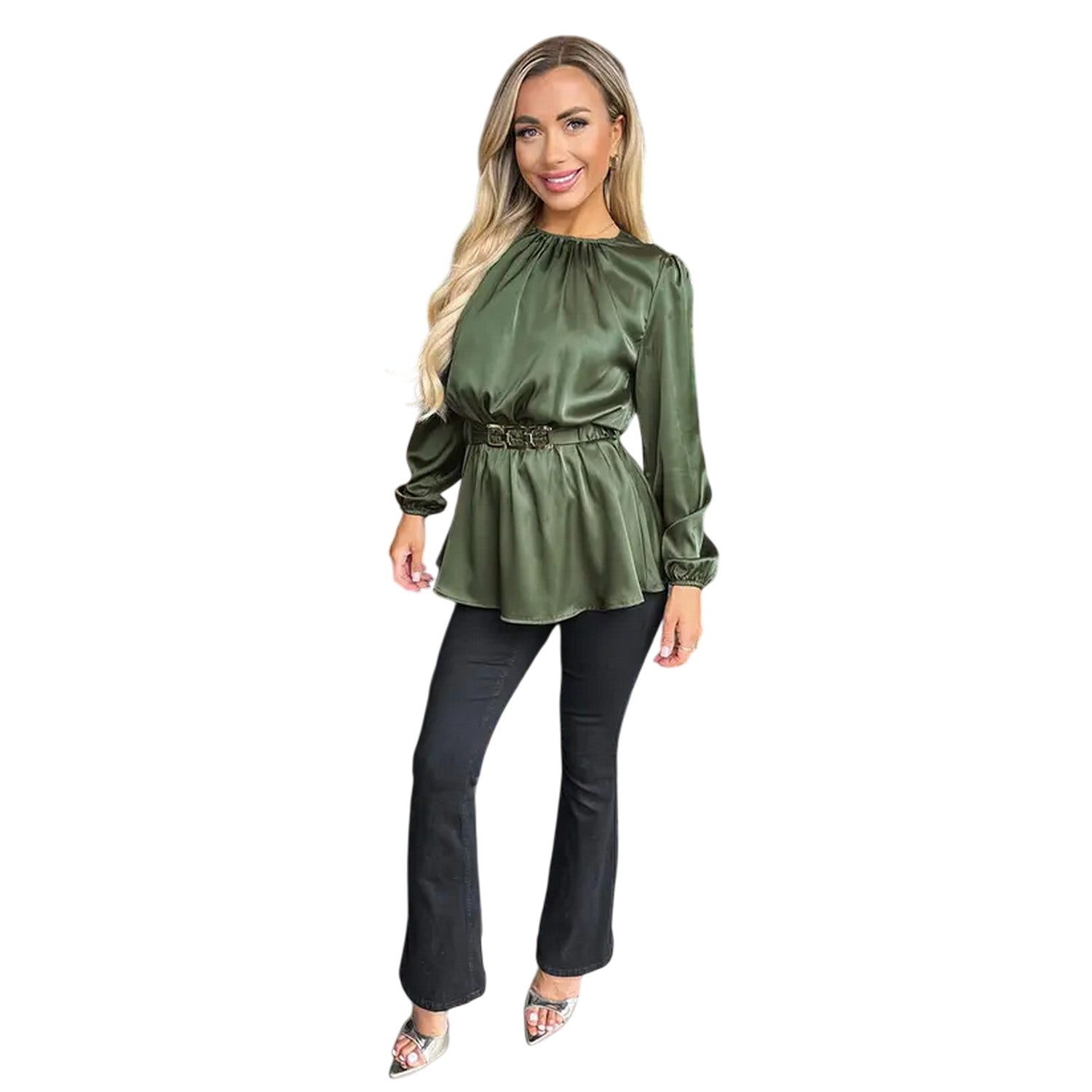 Olive - Back - AX Paris Womens-Ladies Gold Detail Belted Long-Sleeved Top