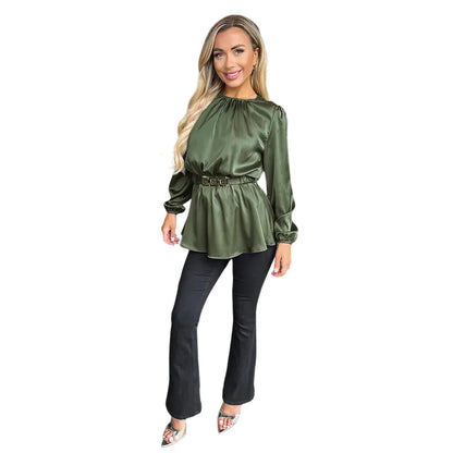 Olive - Back - AX Paris Womens-Ladies Gold Detail Belted Long-Sleeved Top