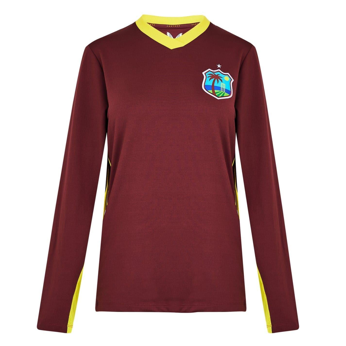 Maroon - Front - Castore Womens-Ladies West Indies Regular Long-Sleeved Cricket T-Shirt