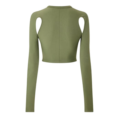 Olive - Back - Off White Womens-Ladies Mock Neck Slim Cold Shoulder Crop Top