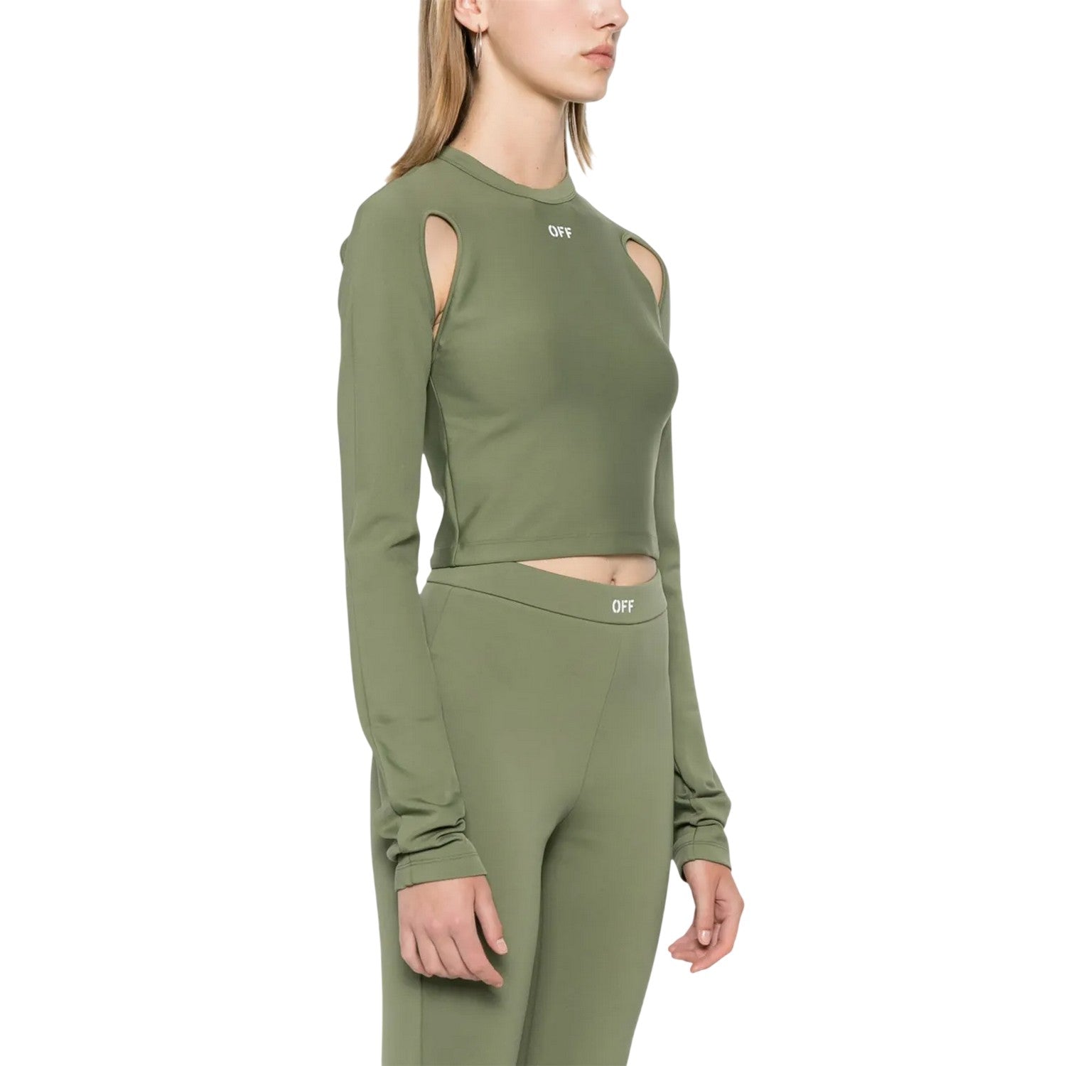 Olive - Side - Off White Womens-Ladies Mock Neck Slim Cold Shoulder Crop Top