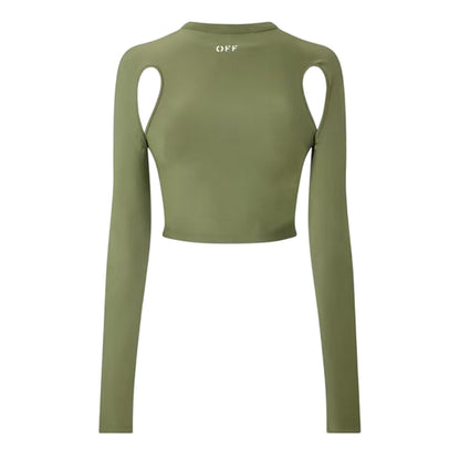 Olive - Front - Off White Womens-Ladies Mock Neck Slim Cold Shoulder Crop Top