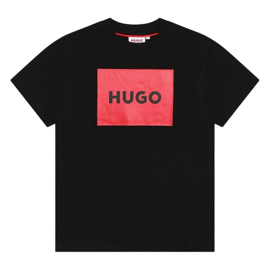 Black - Front - Hugo Childrens-Kids Box Logo Cotton T-Shirt