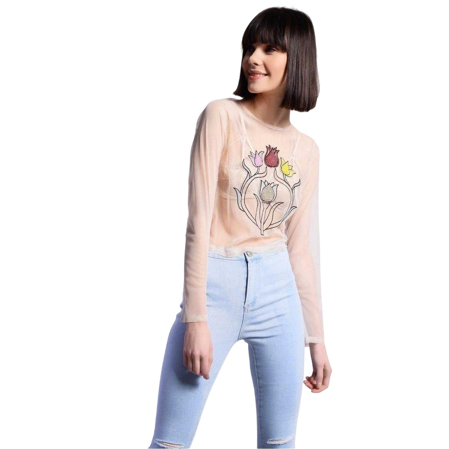 Nude - Front - Glamorous Womens-Ladies Chiffon Long-Sleeved Top