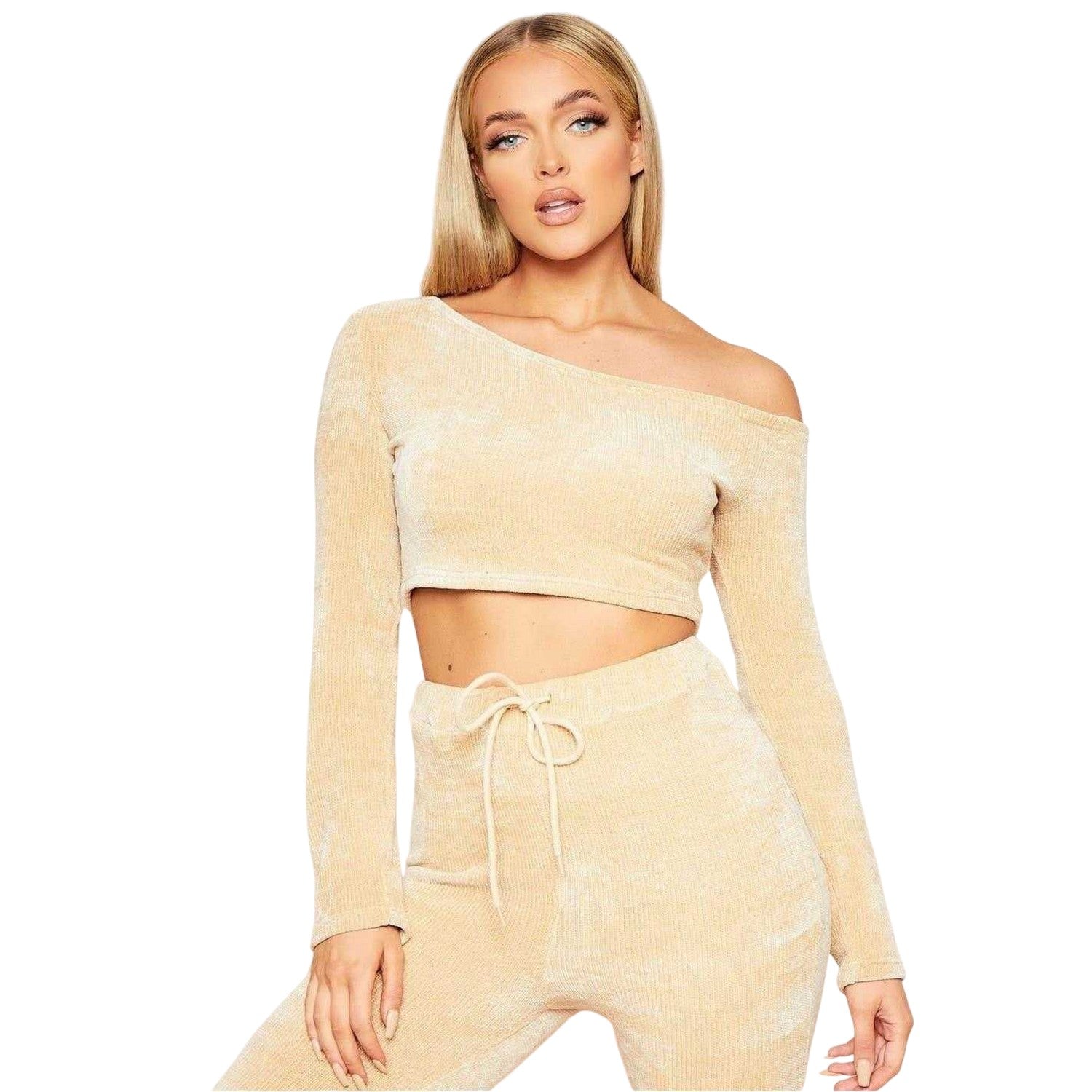 Beige - Back - Missy Empire Girls Chenille Cropped Off-the-Shoulder Jumper