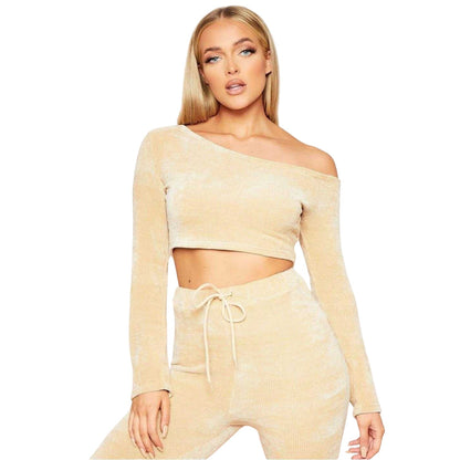 Beige - Back - Missy Empire Girls Chenille Cropped Off-the-Shoulder Jumper