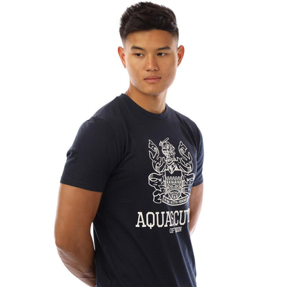 Navy-White - Side - Aquascutum Mens Shield Logo Crew Neck T-Shirt