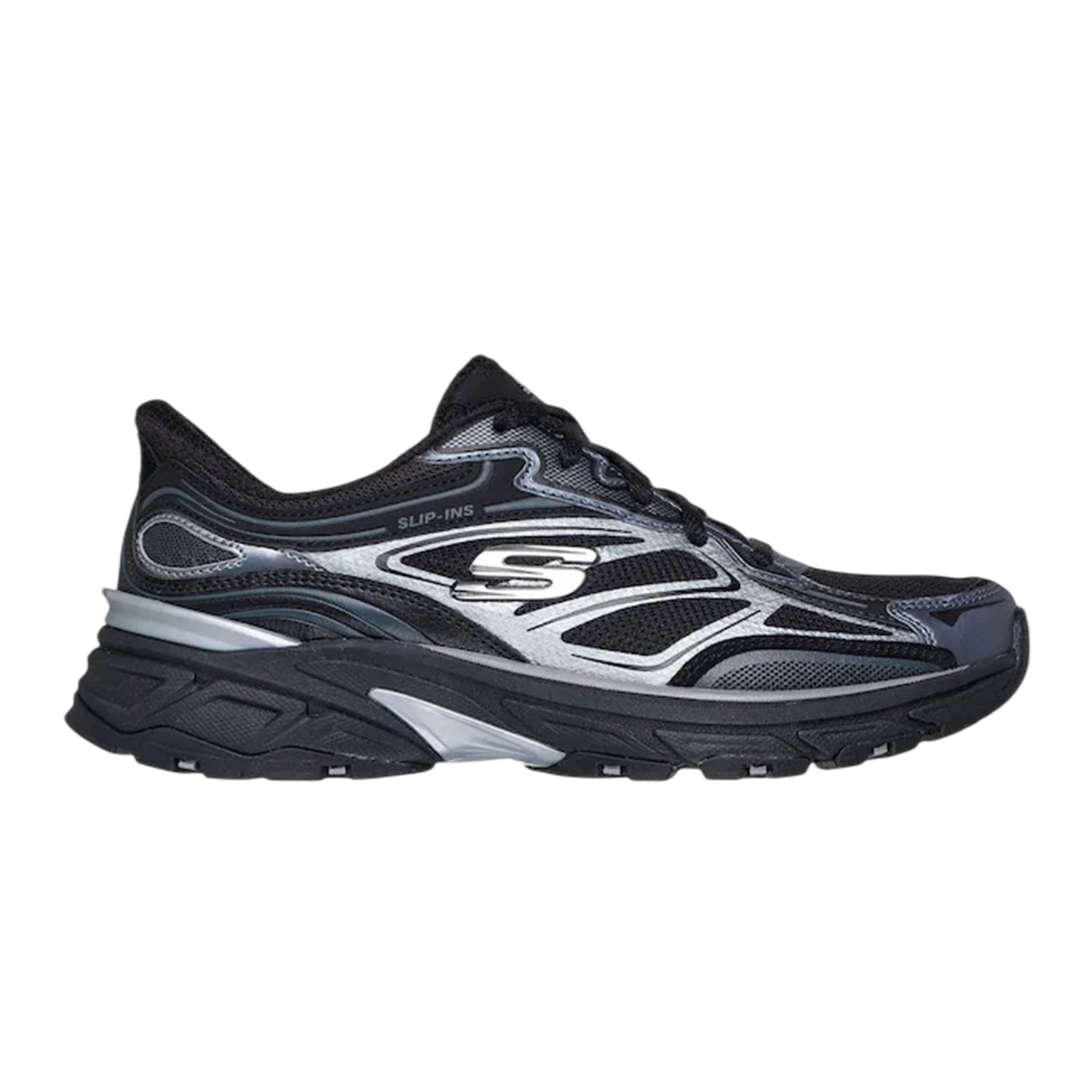 Black-Silver - Side - Skechers Mens Mesh Metallic Insert Trainers