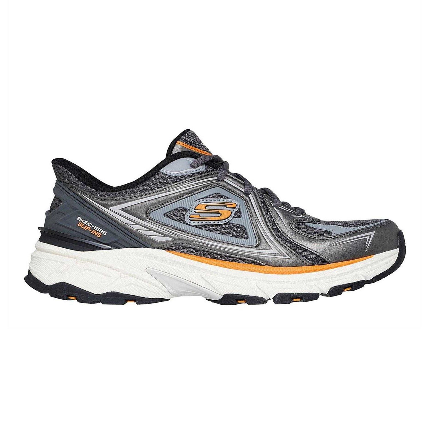 Grey-Orange - Side - Skechers Mens Mesh Metallic Insert Trainers