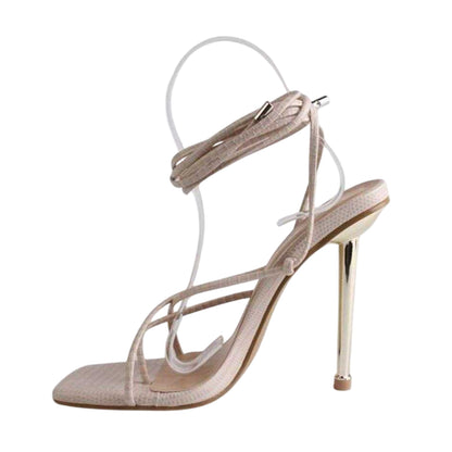 Cream - Side - Chic Womens-Ladies Snakeskin Leather Stiletto Heel Sandals