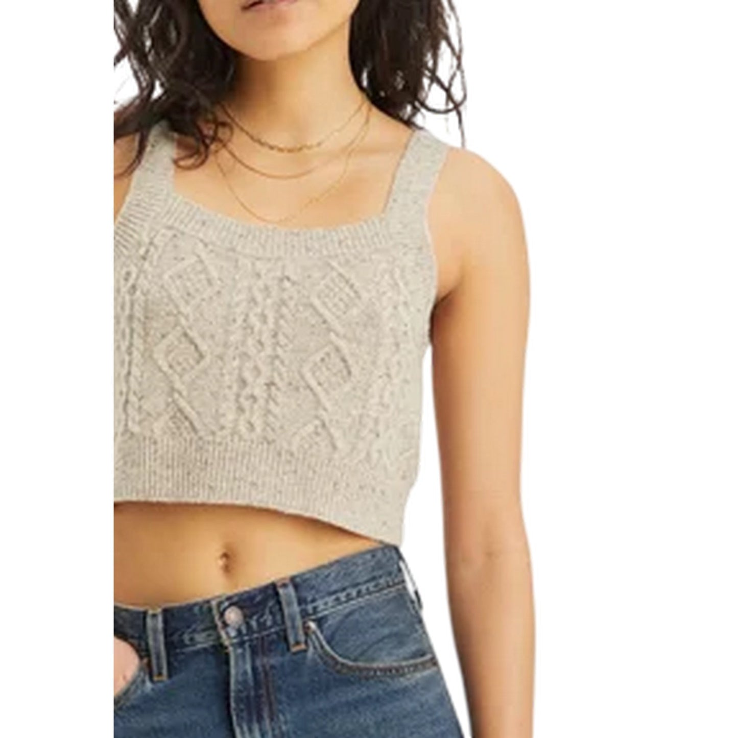 Oatmeal Heather - Side - Levis Womens-Ladies Cable Knit Cropped Tank Top