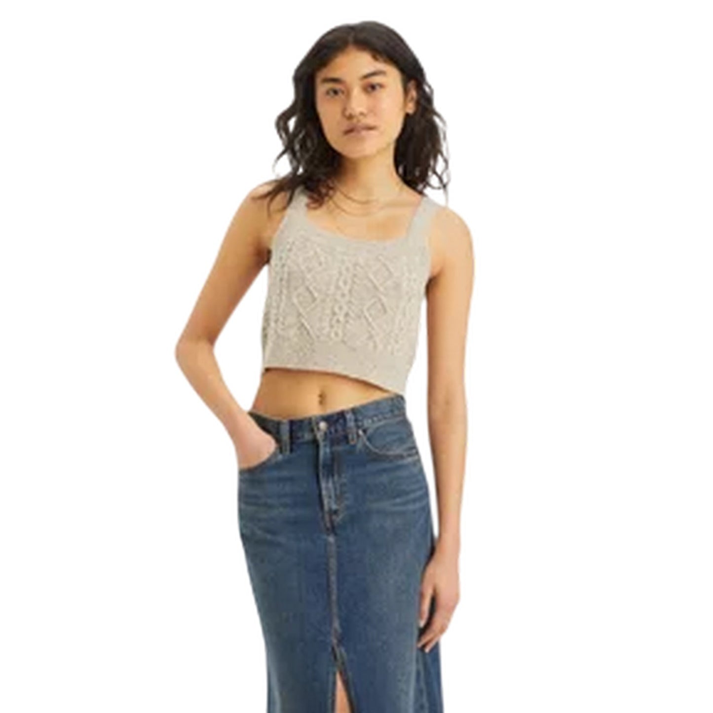 Oatmeal Heather - Lifestyle - Levis Womens-Ladies Cable Knit Cropped Tank Top