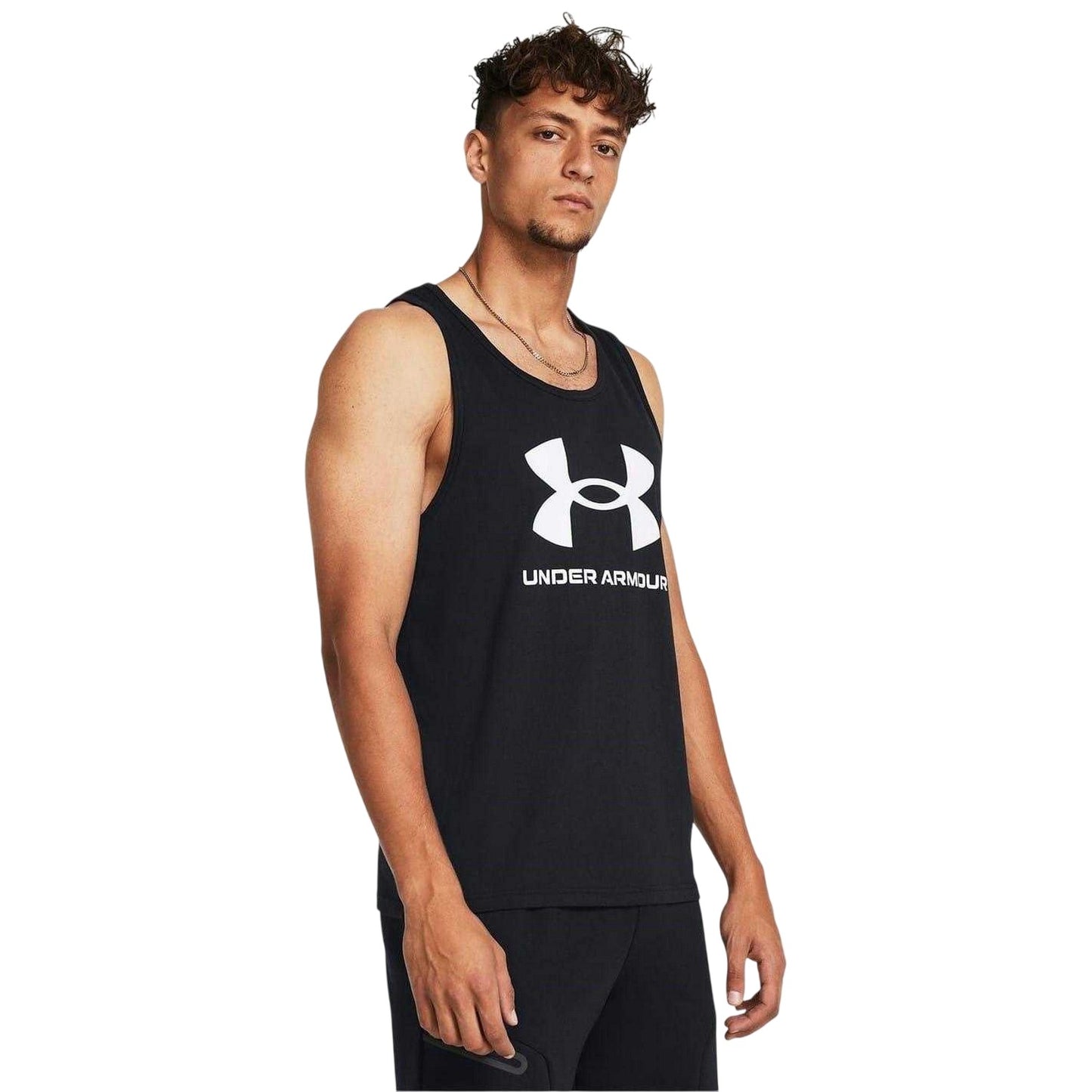 Black-White - Side - Under Armour Mens Large Logo Scoop Neck Regular Tank Top