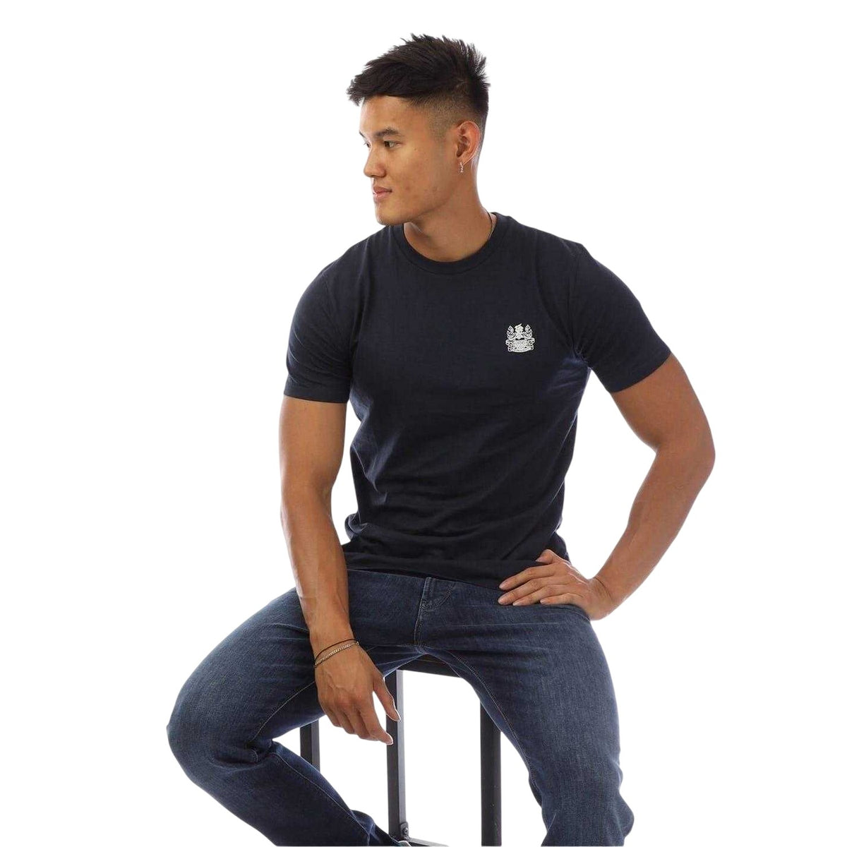 Navy-White - Lifestyle - Aquascutum Mens Chest Logo Crew Neck T-Shirt