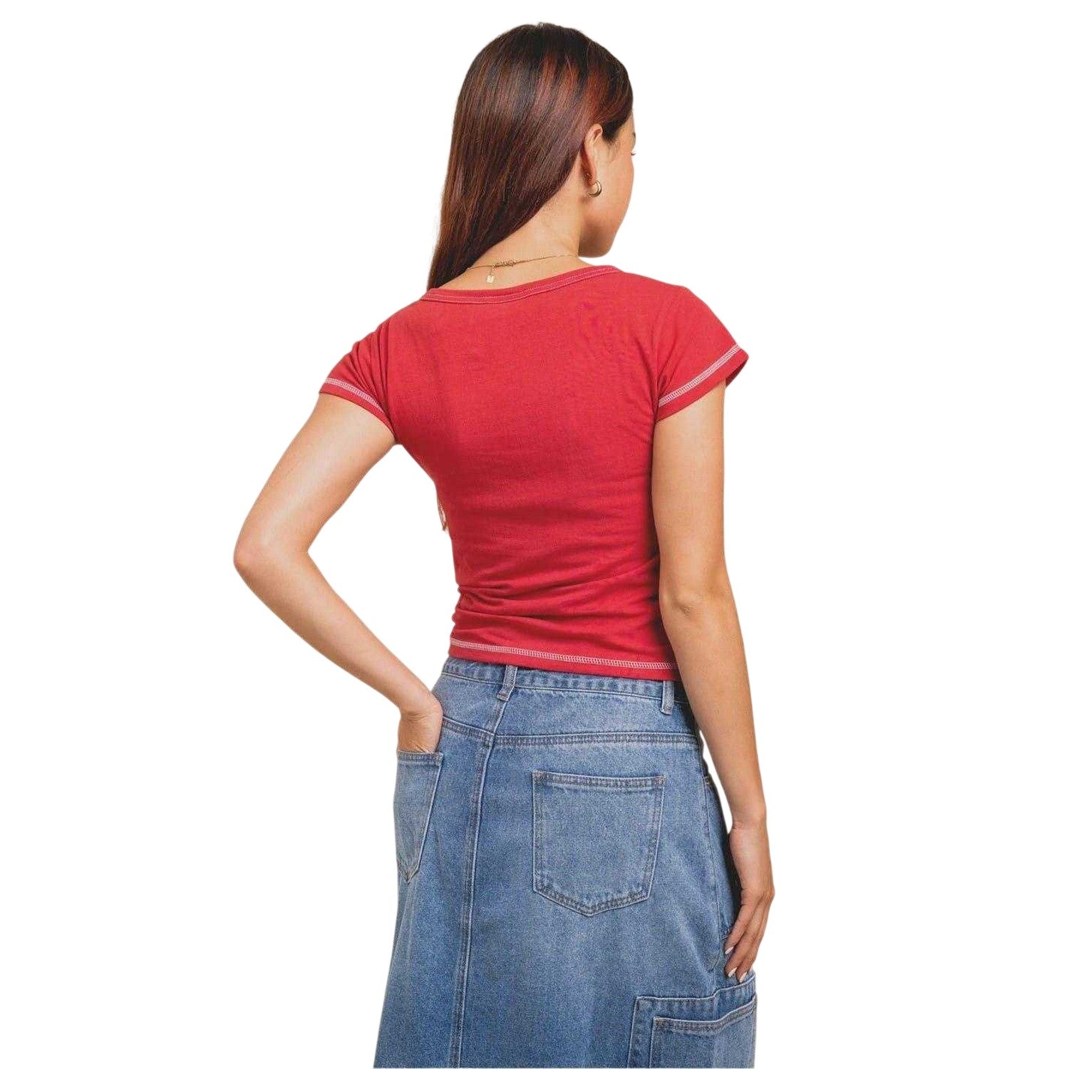 Red - Back - Daisy Street Womens-Ladies Lettering Notch Neck Crop T-Shirt