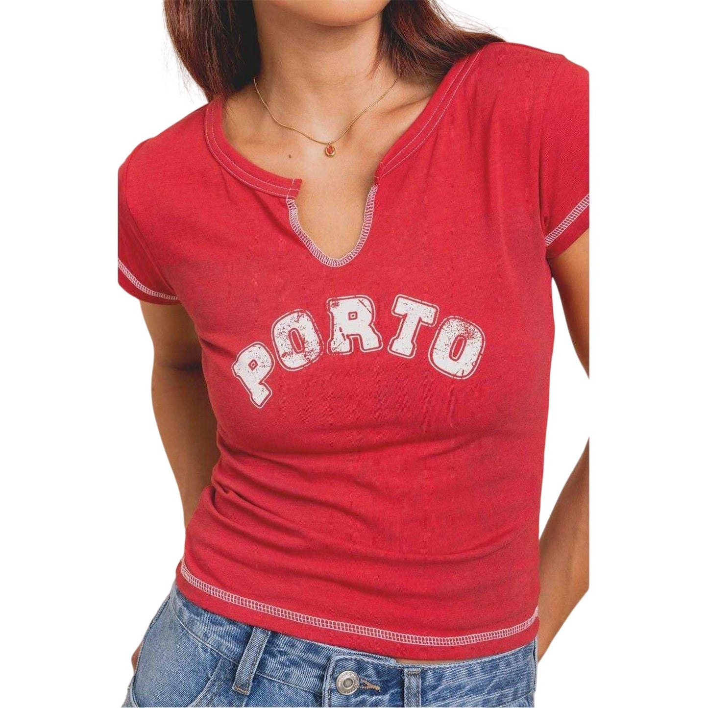 Red - Side - Daisy Street Womens-Ladies Lettering Notch Neck Crop T-Shirt