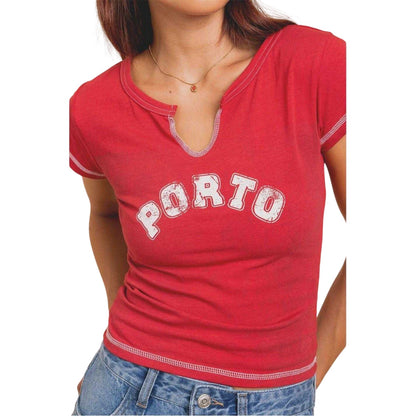 Red - Side - Daisy Street Womens-Ladies Lettering Notch Neck Crop T-Shirt