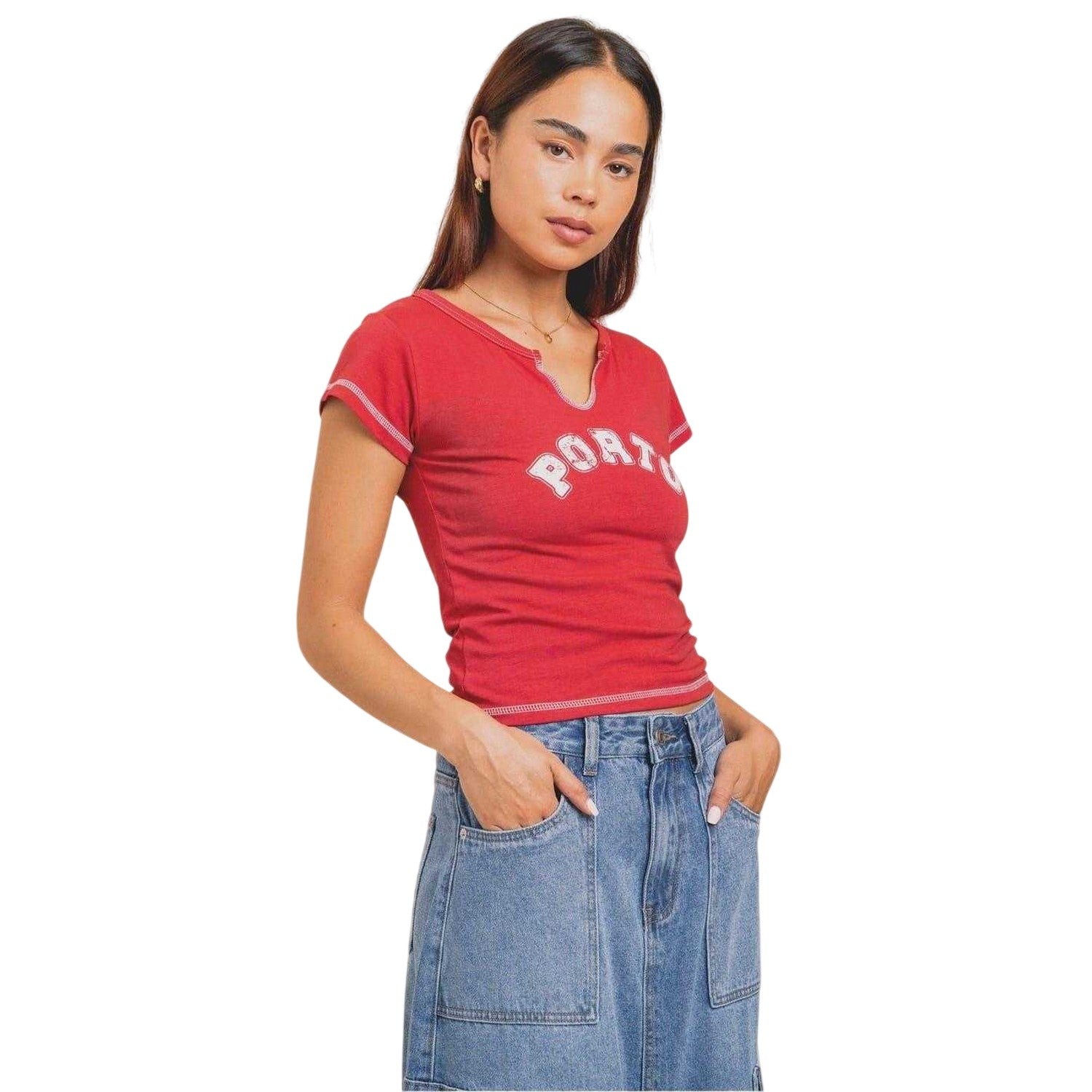 Red - Lifestyle - Daisy Street Womens-Ladies Lettering Notch Neck Crop T-Shirt