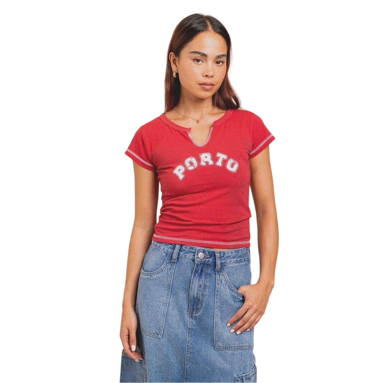 Red - Pack Shot - Daisy Street Womens-Ladies Lettering Notch Neck Crop T-Shirt