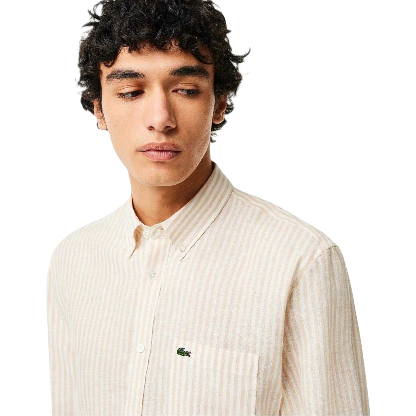 White - Side - Lacoste Mens Striped Linen Regular Button-Down Shirt
