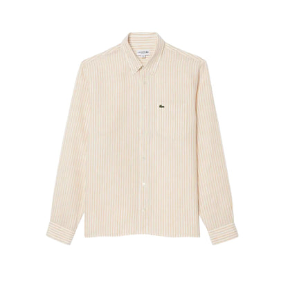White - Front - Lacoste Mens Striped Linen Regular Button-Down Shirt