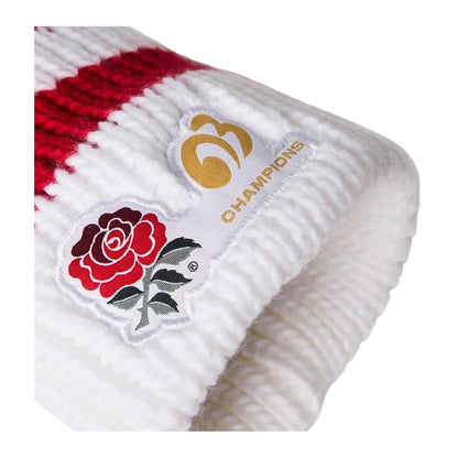 White-Red - Side - England Rugby Unisex Adult Champion 2003 Striped Bobble Hat