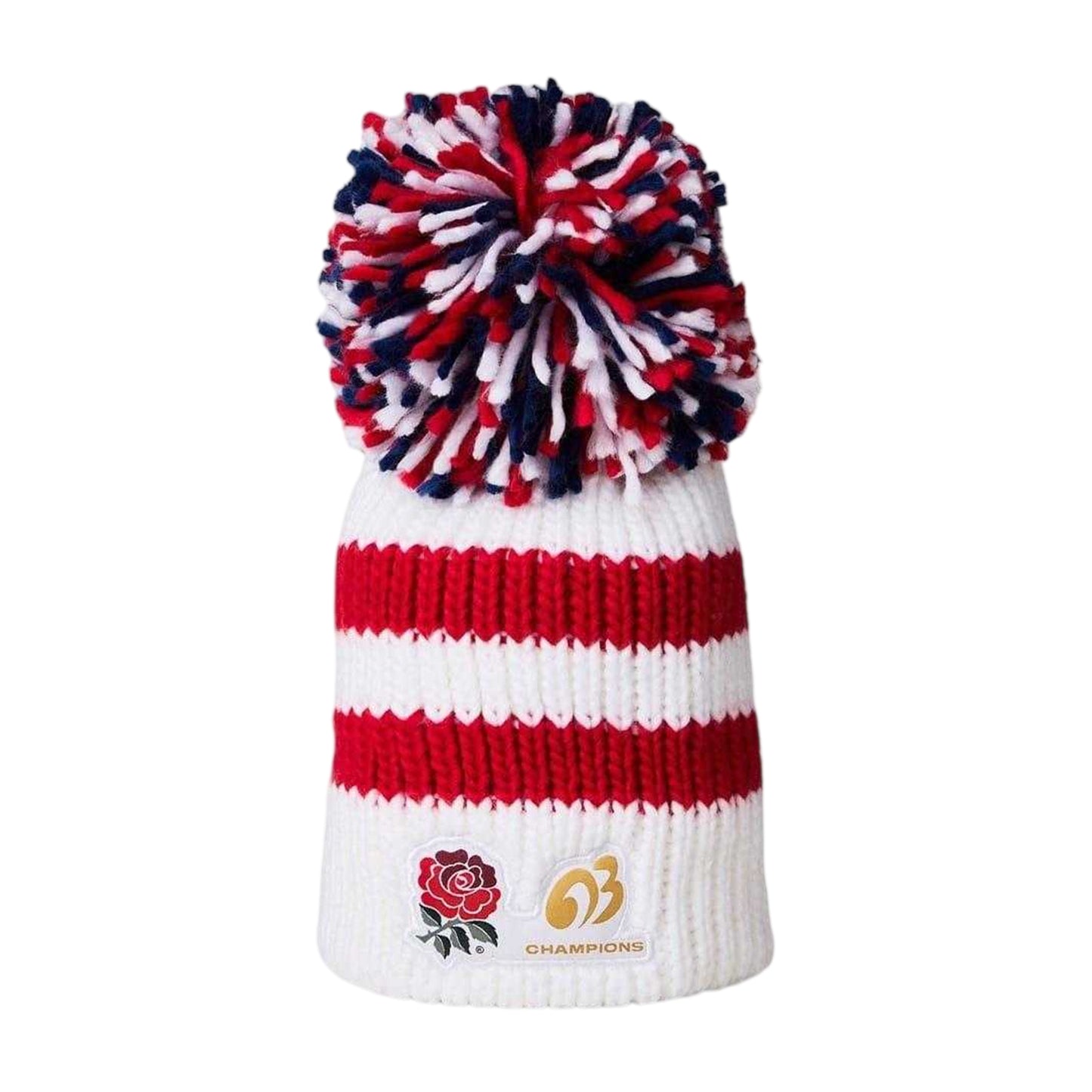 White-Red - Front - England Rugby Unisex Adult Champion 2003 Striped Bobble Hat
