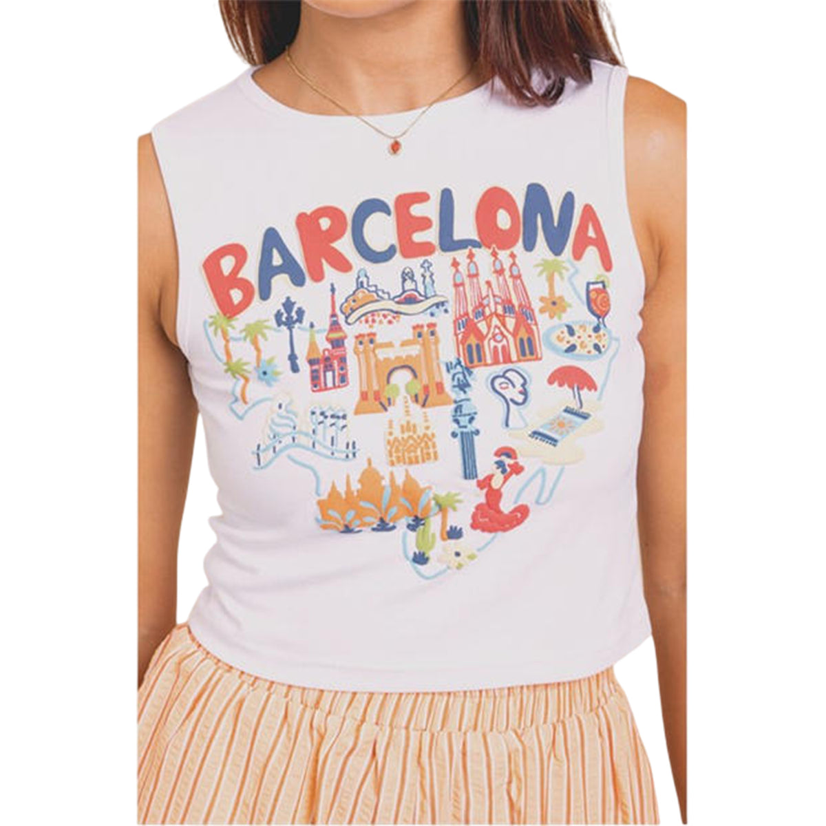 White - Side - Daisy Street Womens-Ladies Barcelona Graphic Print Cropped Tank Top