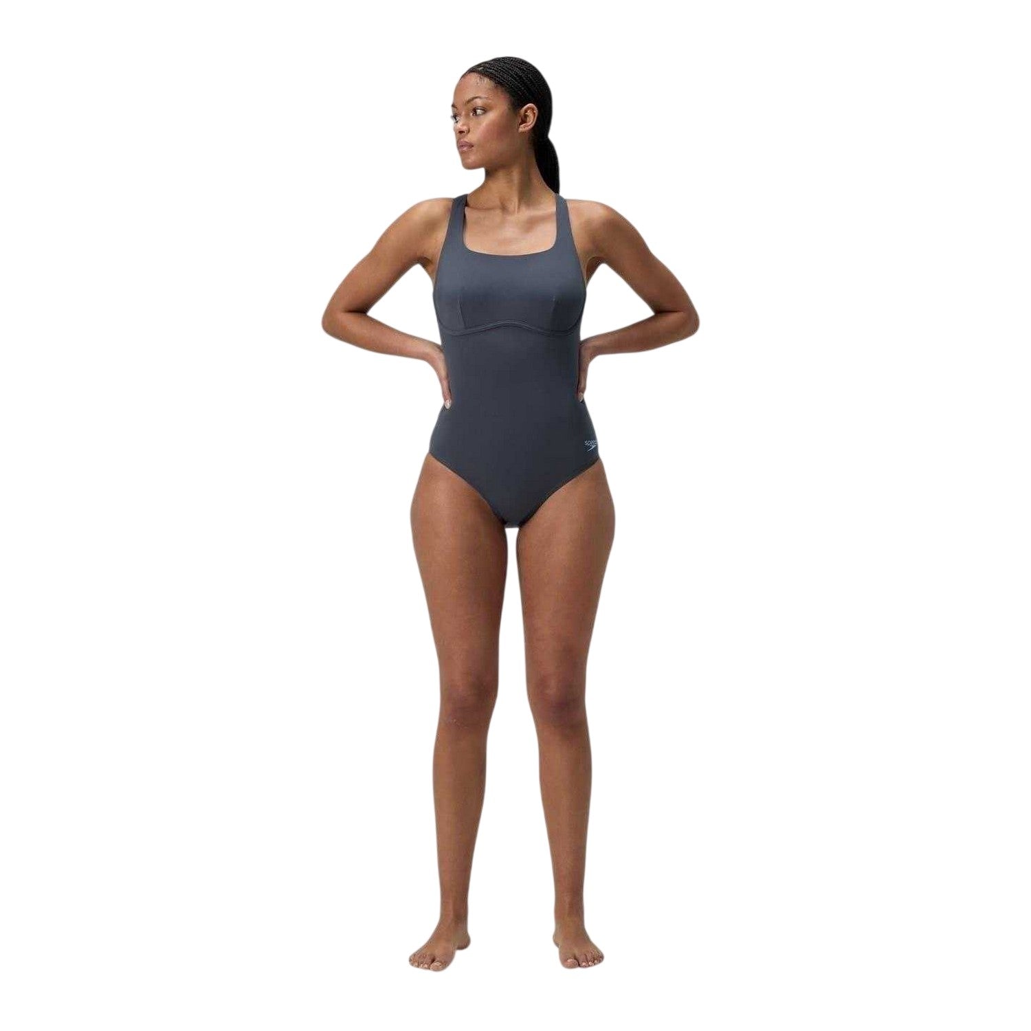 Lead Grey - Side - Speedo Womens-Ladies Square Neck Regular One Piece Swimsuit