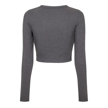Dark Grey Melange - Back - JJXX Womens-Ladies Feline Slim Long-Sleeved Crop T-Shirt