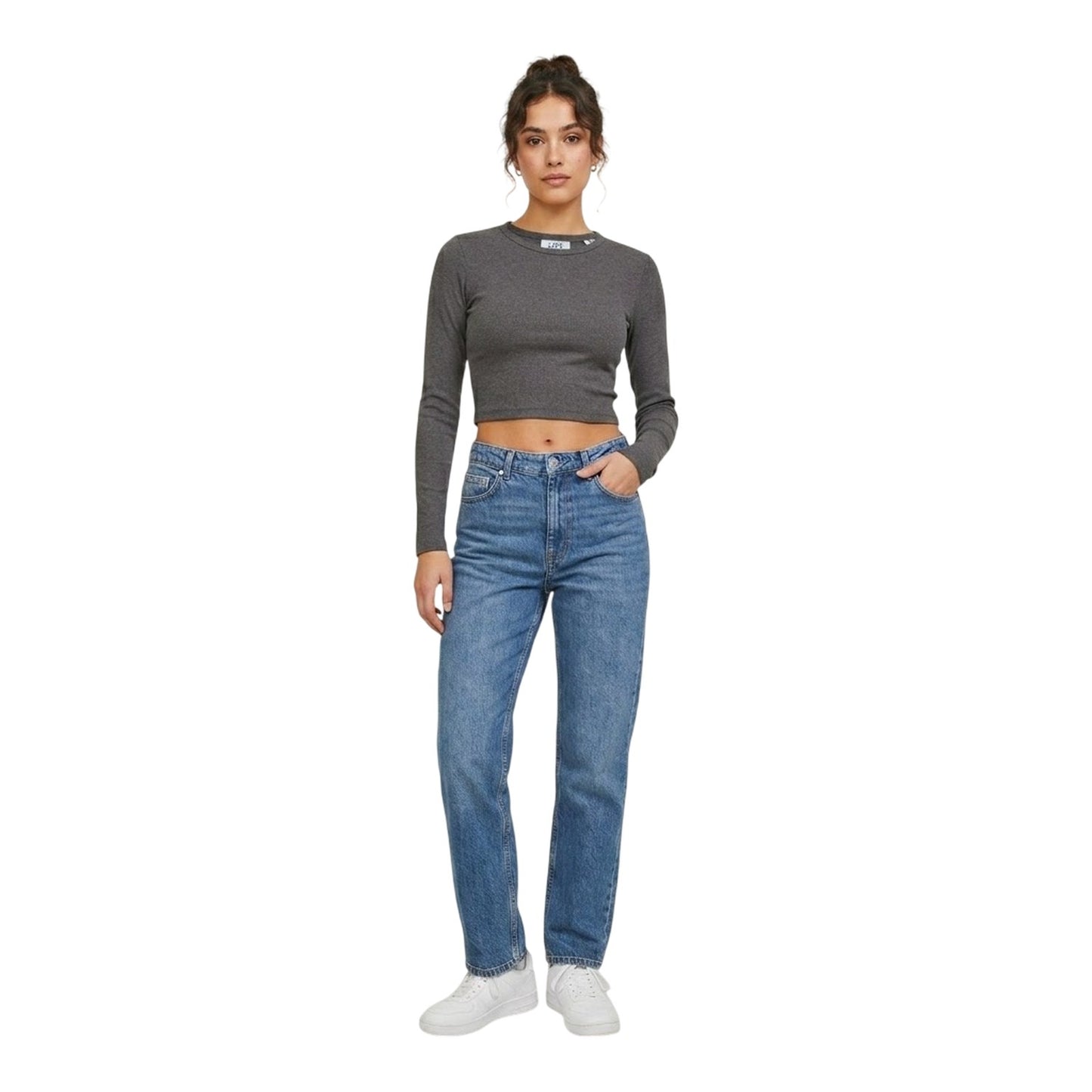 Dark Grey Melange - Side - JJXX Womens-Ladies Feline Slim Long-Sleeved Crop T-Shirt