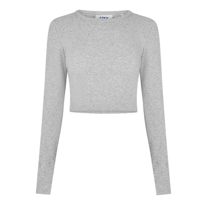 Grey Melange - Front - JJXX Womens-Ladies Feline Slim Long-Sleeved Crop T-Shirt