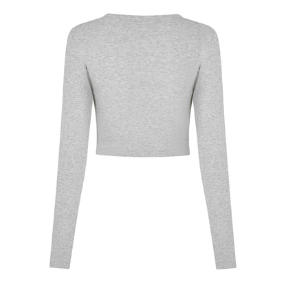 Grey Melange - Back - JJXX Womens-Ladies Feline Slim Long-Sleeved Crop T-Shirt