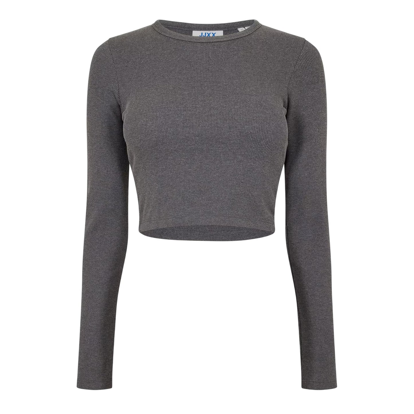 Dark Grey Melange - Front - JJXX Womens-Ladies Feline Slim Long-Sleeved Crop T-Shirt