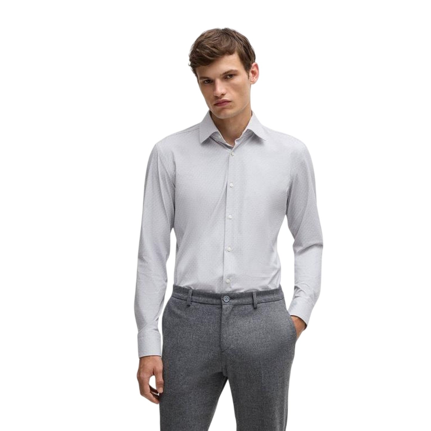 Medium Grey - Side - Boss Mens Hank 222 Oxford Cotton Regular Button-Down Shirt