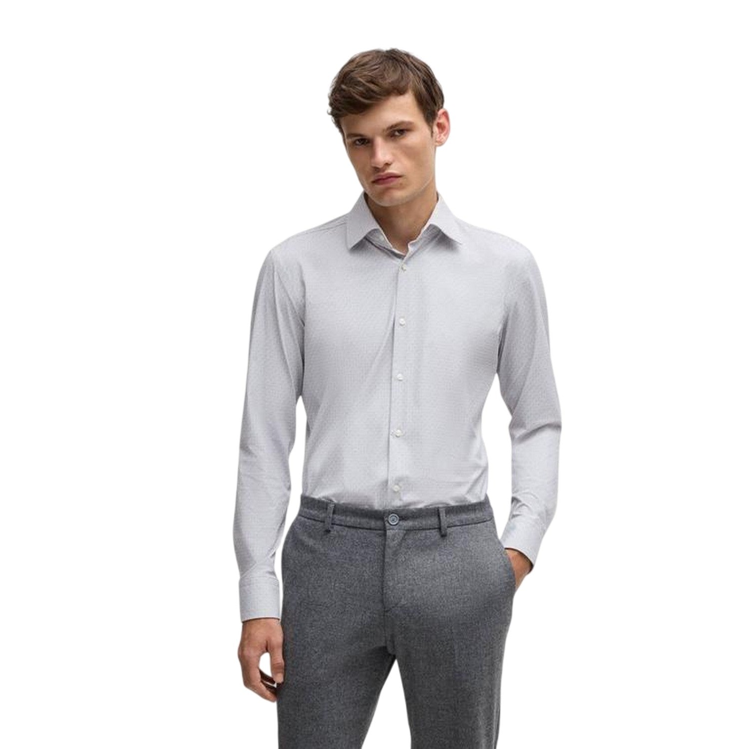Medium Grey - Side - Boss Mens Hank 222 Oxford Cotton Regular Button-Down Shirt