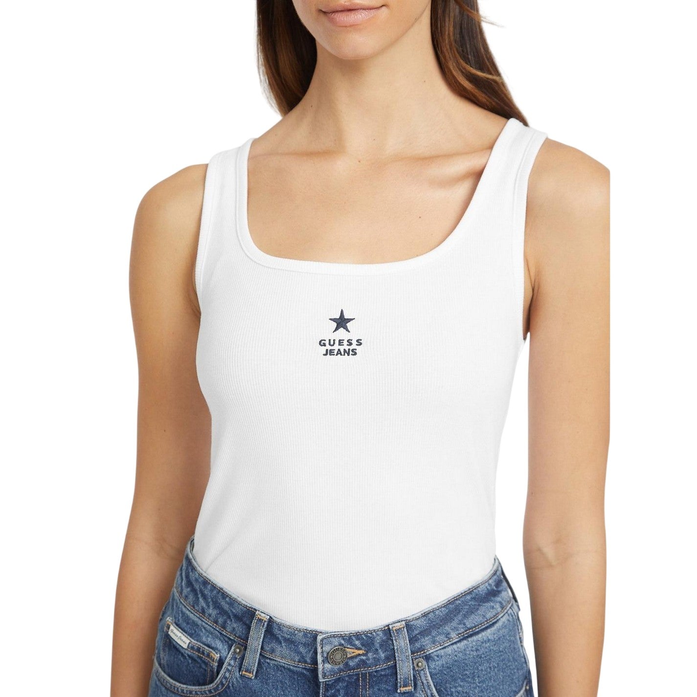 Pure White - Side - Guess Womens-Ladies Star Embroidered Tank Top
