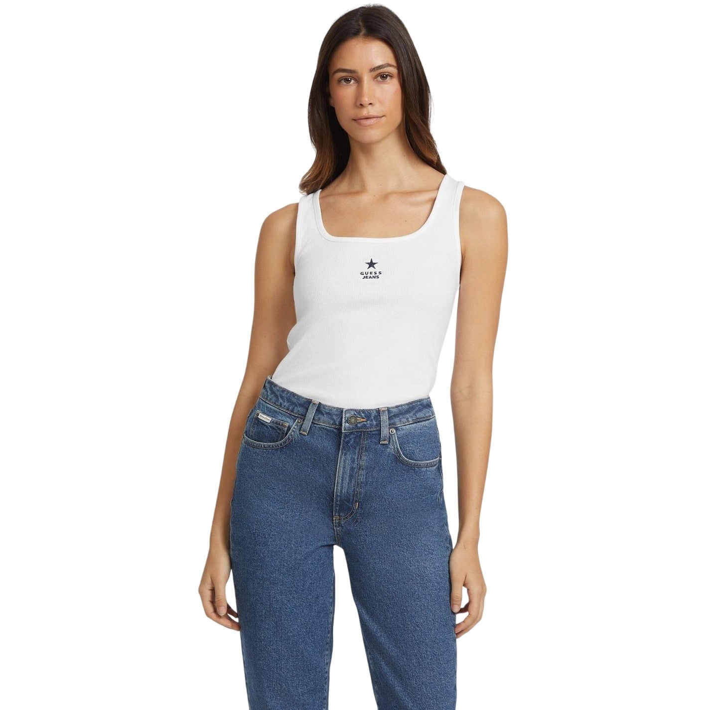 Pure White - Lifestyle - Guess Womens-Ladies Star Embroidered Tank Top