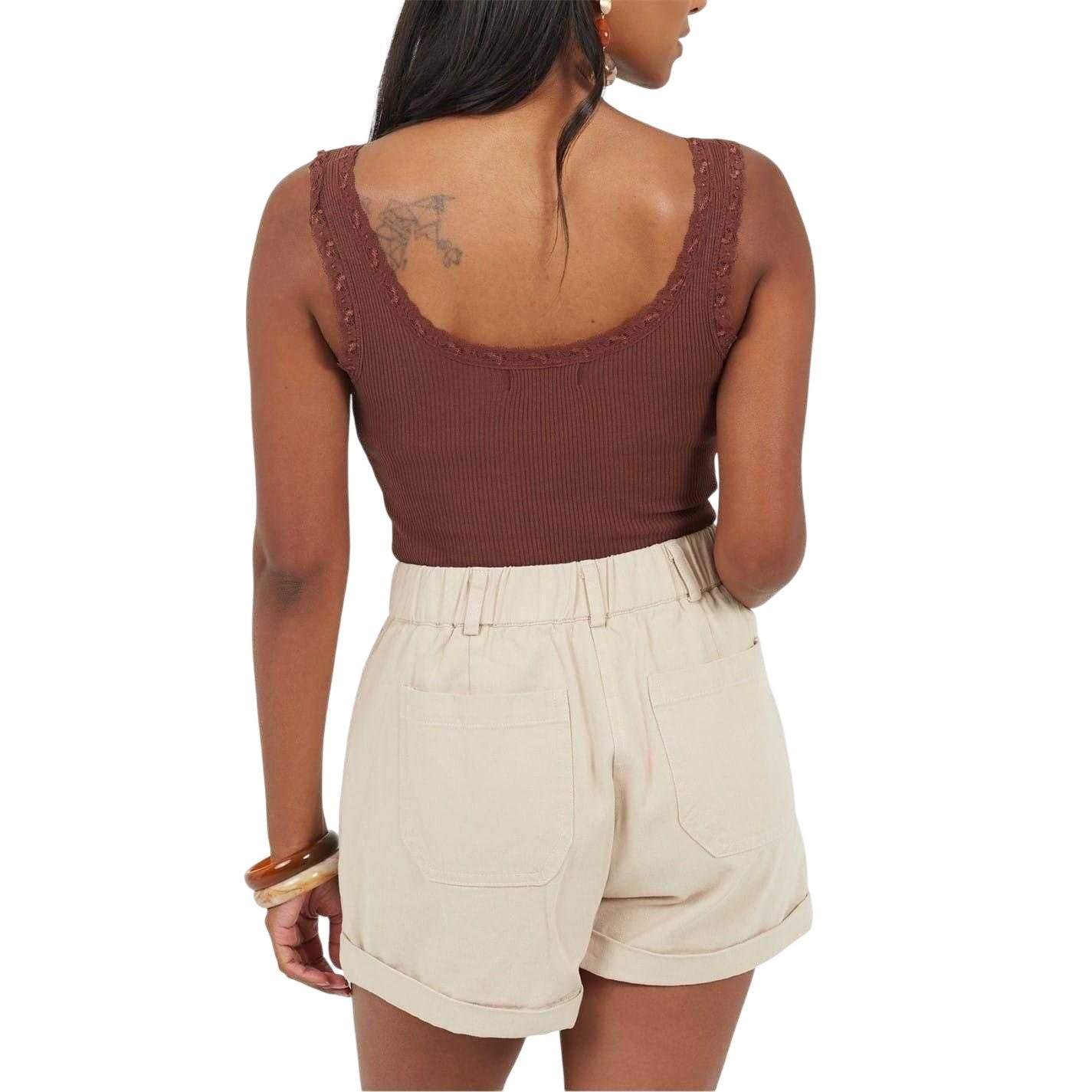 Chocolate - Back - Brave Soul Womens-Ladies Lace Trim Ribbed Bodysuit
