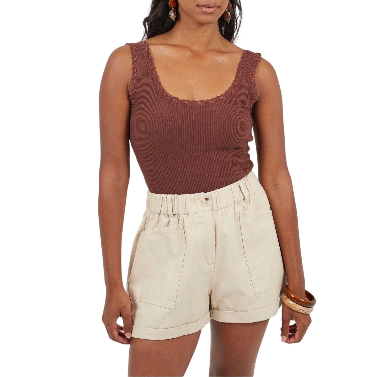 Chocolate - Side - Brave Soul Womens-Ladies Lace Trim Ribbed Bodysuit