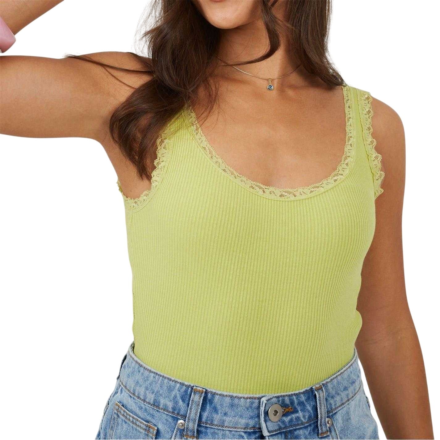 Lime - Front - Brave Soul Womens-Ladies Lace Trim Ribbed Bodysuit