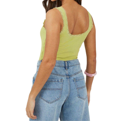 Lime - Back - Brave Soul Womens-Ladies Lace Trim Ribbed Bodysuit