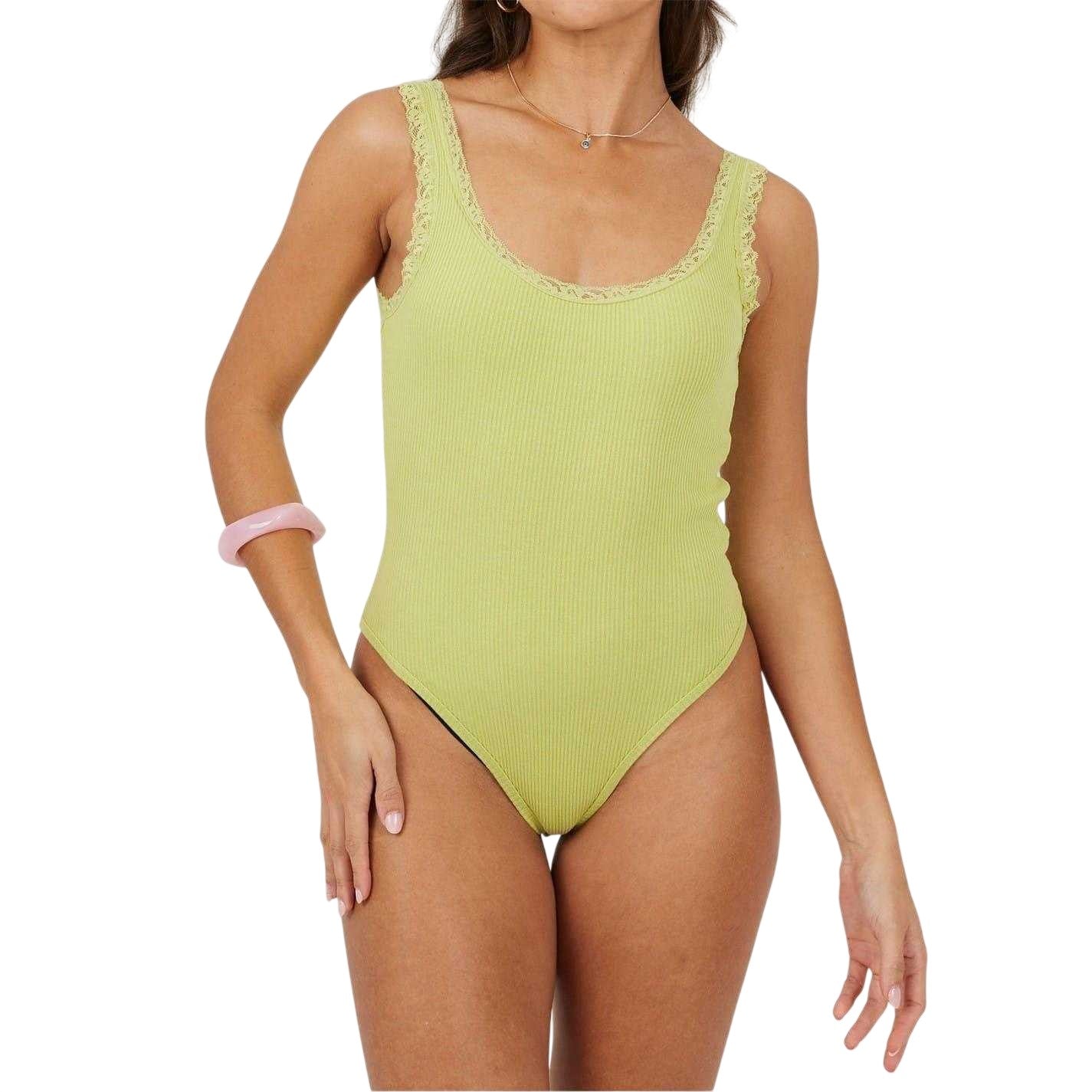 Lime - Side - Brave Soul Womens-Ladies Lace Trim Ribbed Bodysuit