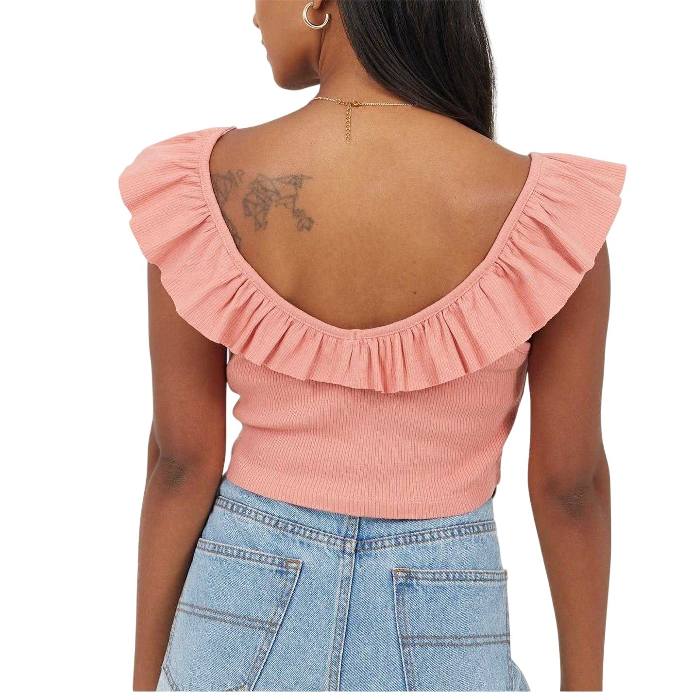 Salmon - Back - Brave Soul Womens-Ladies Frill Cropped Vest Top
