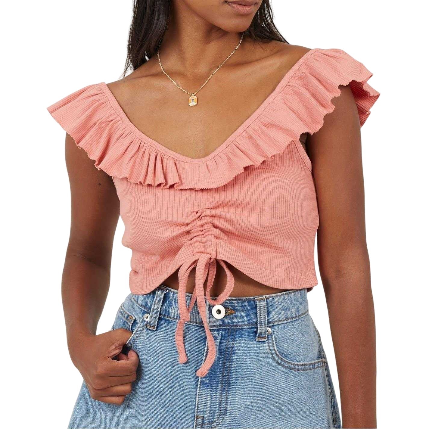 Salmon - Side - Brave Soul Womens-Ladies Frill Cropped Vest Top